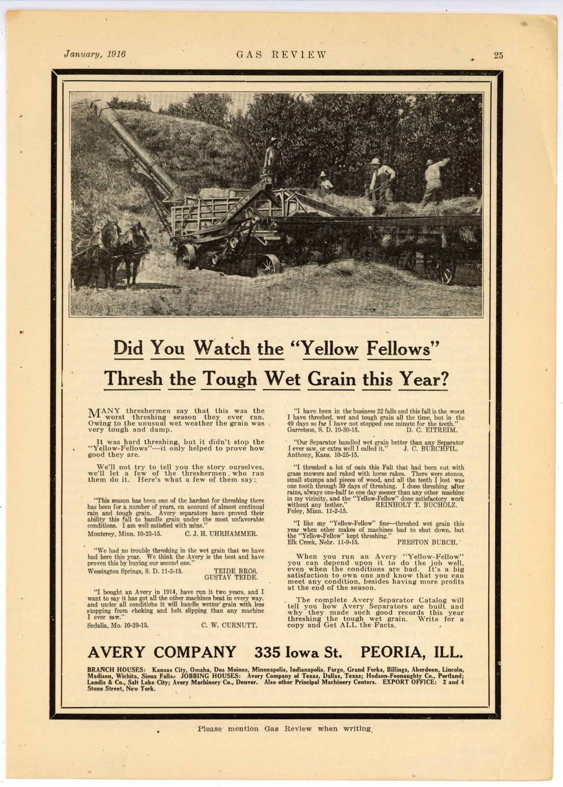 1916 Avery Company Ad: Yellow Fellow Threshers at Work – Peoria, Illinois