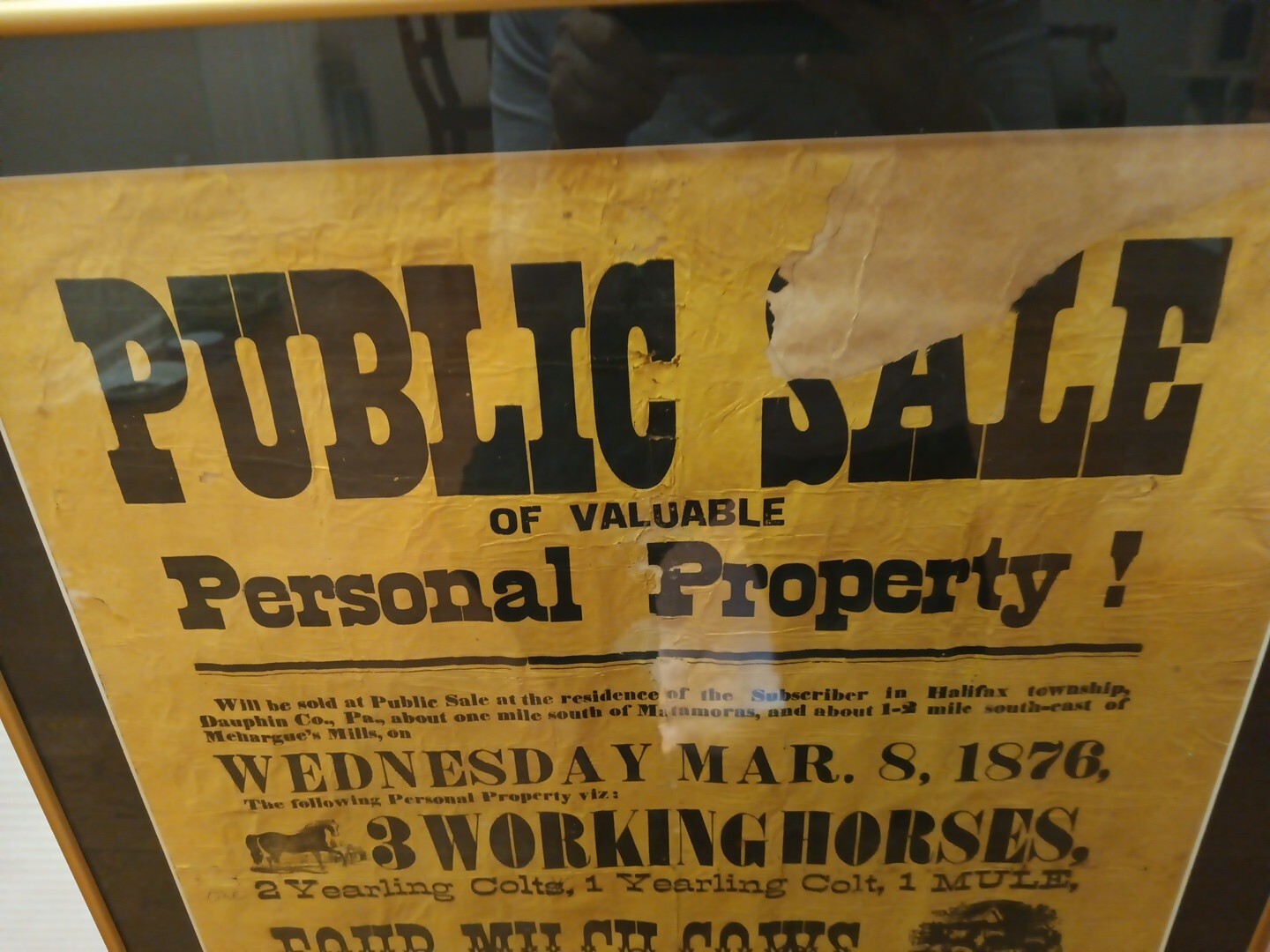 1876 Public Farm Sale Framed Auction Notice, Halifax Township, Pennsylvania