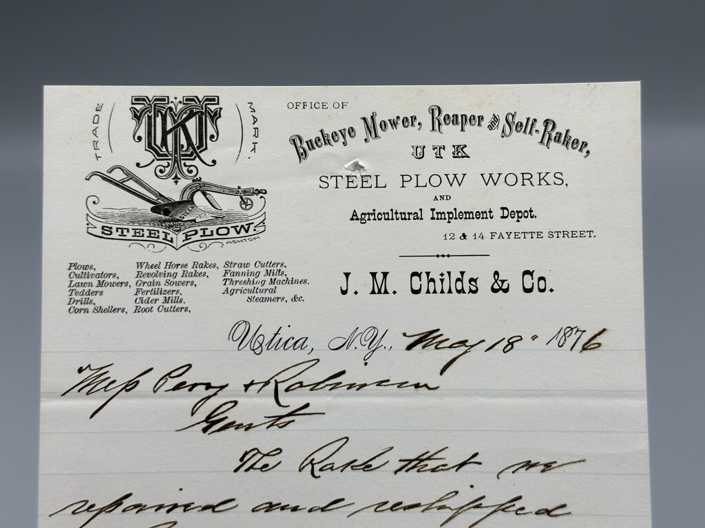 1876 Childs BUCKEYE MOWER Steel PLOW Farm Advertise UTICA NY Letter Antique UTK