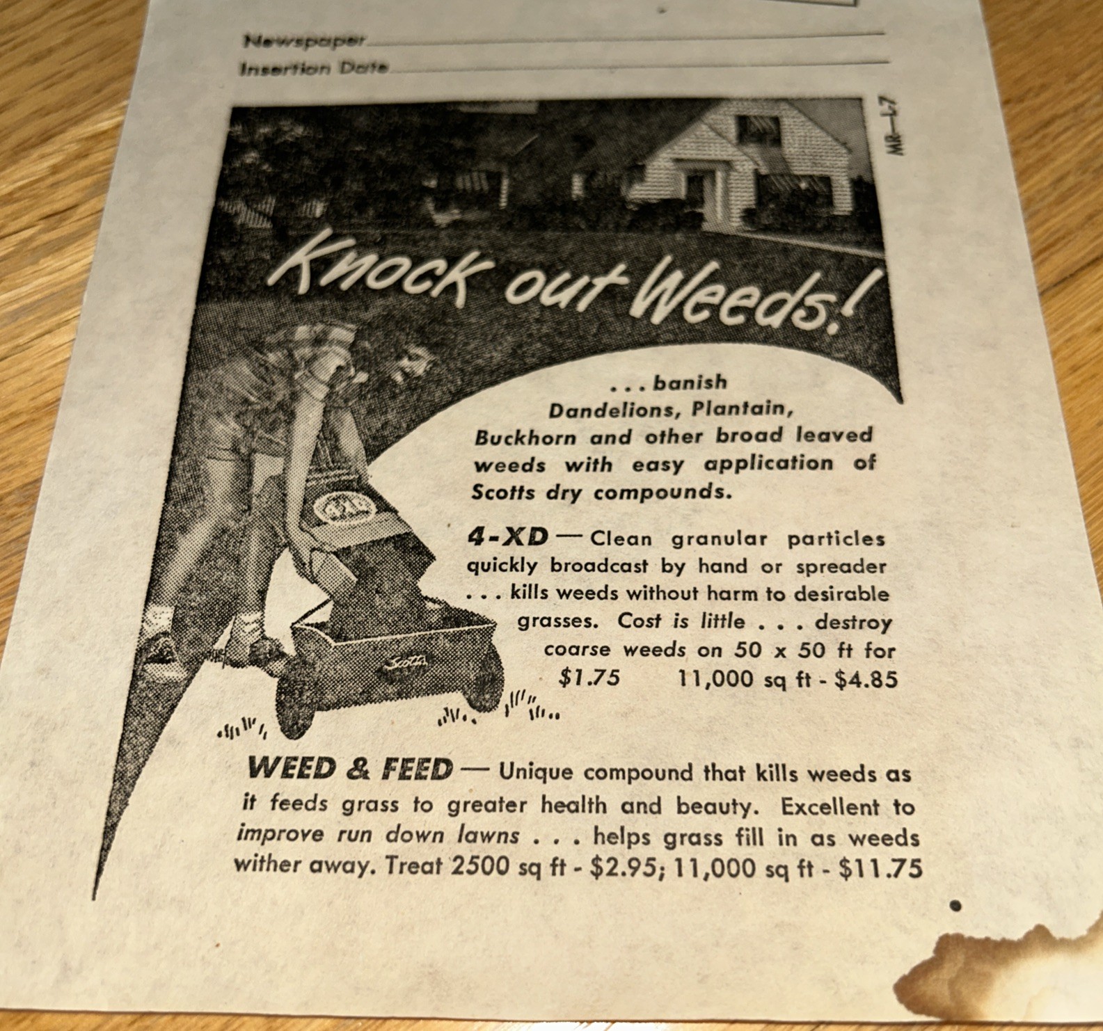 1940s O.M SCOTT & SONS Newspaper Mat & Layout Ad KNOCK OUT WEEDS Marysville OHIO