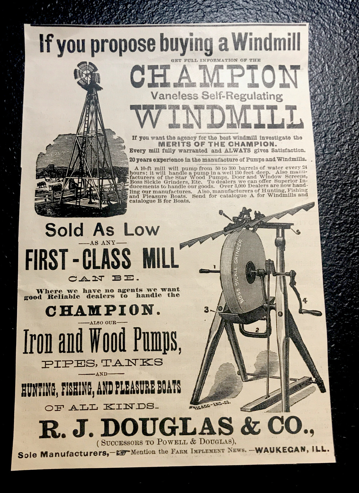 1886 Douglas Champion Windmill Farm Engraving Advertising – Waukegan – Illinois
