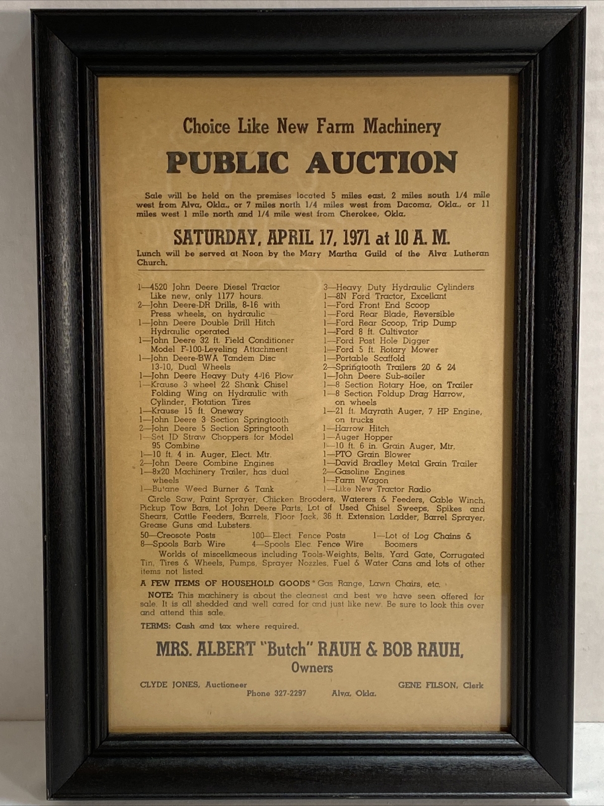 1971 Farm Auction Bill Mrs. Albert “Butch“ Rauh Owner, Auctioneer Clyde Jones
