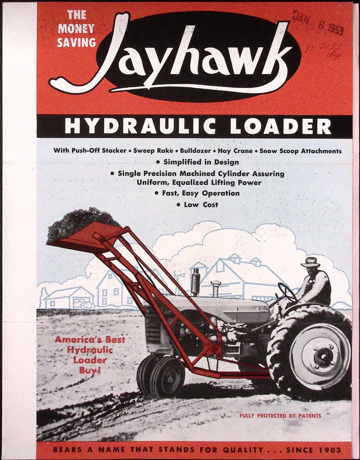1953 Jayhawk Hydraulic Loader with Bulldozer Sweep Rake Dealer Brochure