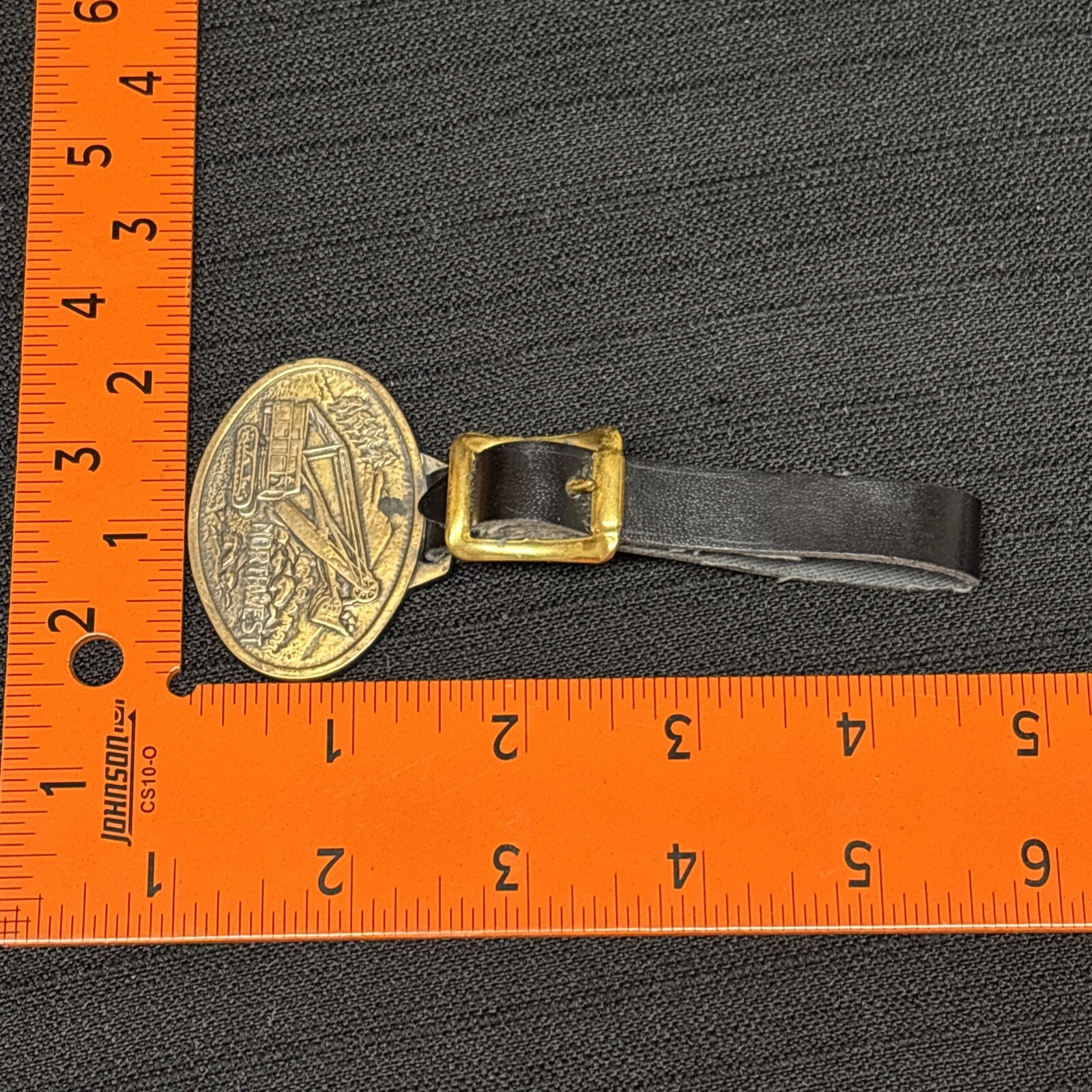 Vtg NORTHWEST Front Shovel Dragline Crane Luggage Tag Brass with Leather Strap