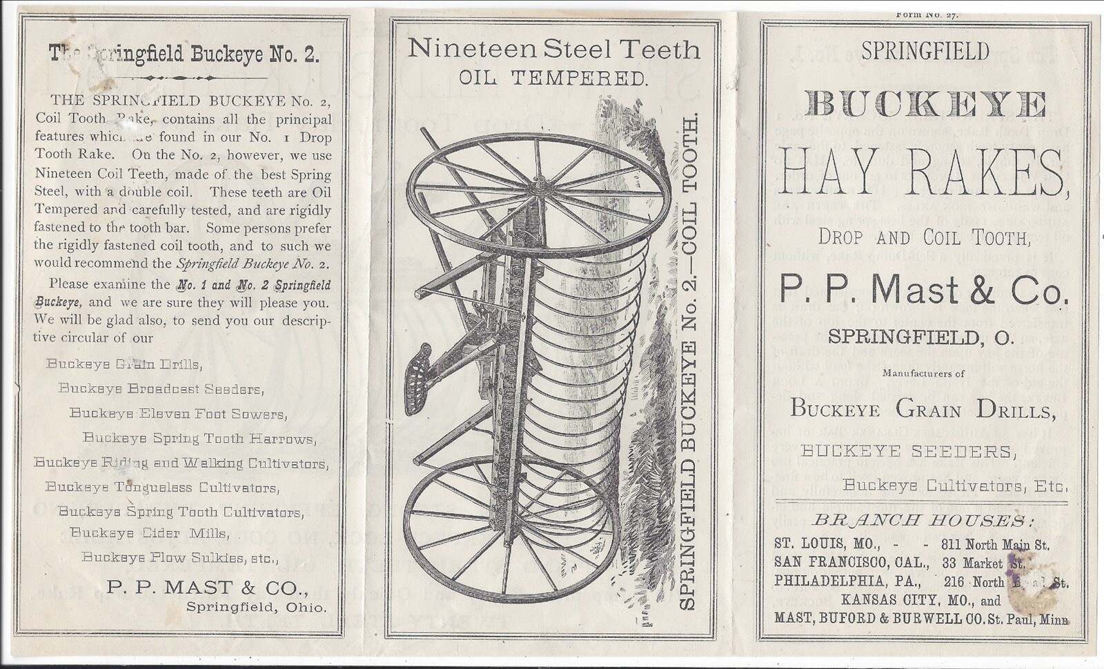 c1880s Springfield Buckeye Hay Rakes Two-Fold Illustrated Brochure