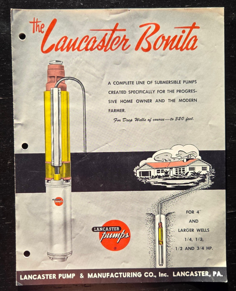 1961 LANCASTER BONITA SUBMERSIBLE PUMP BROCHURE FARM & HOME PUMPS PENNSYLVANIA