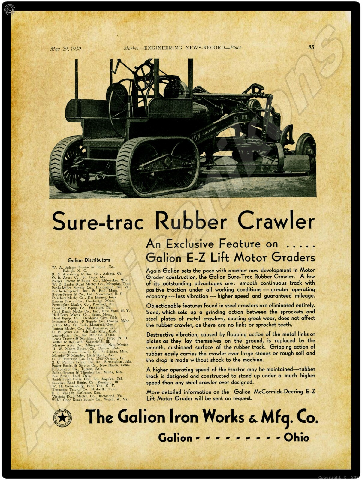 1930 Galion Iron Works New Metal Sign: EZ Lift Motor Grader w/ McCormick Deering