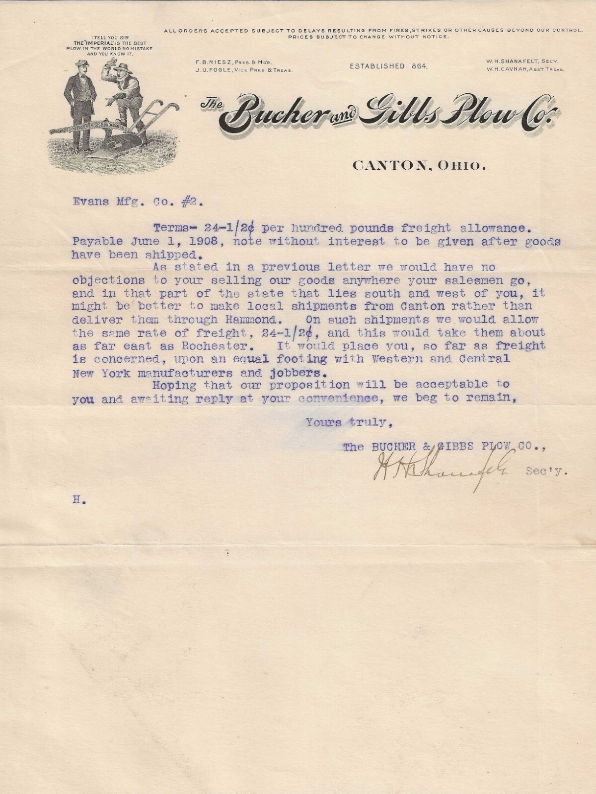 1908 Bucher & Gibbs Plow Company Canton Ohio Letterhead