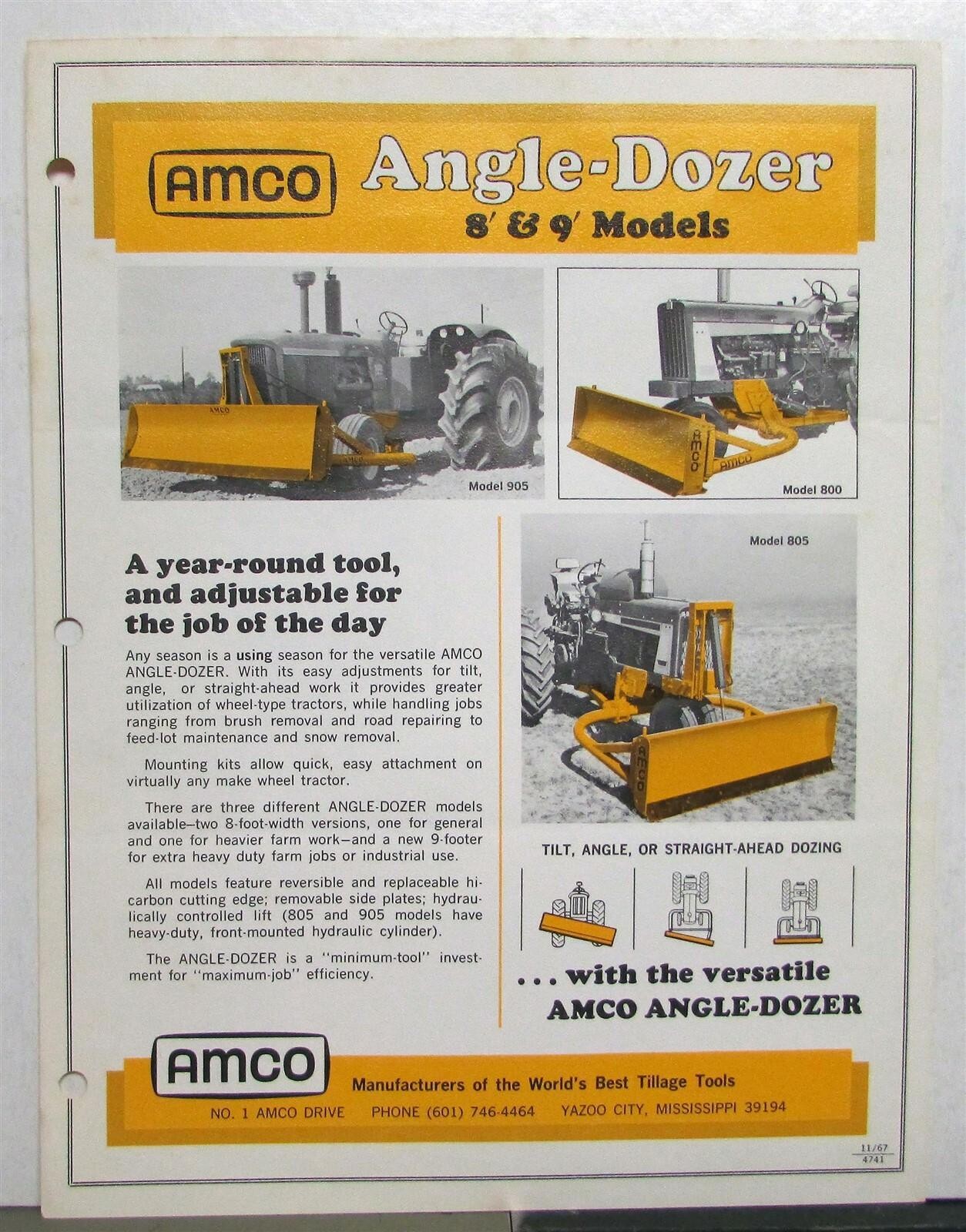 1968 AMCO Angle Dozer 8&prime; 9&prime; Construction Sales Data Sheet
