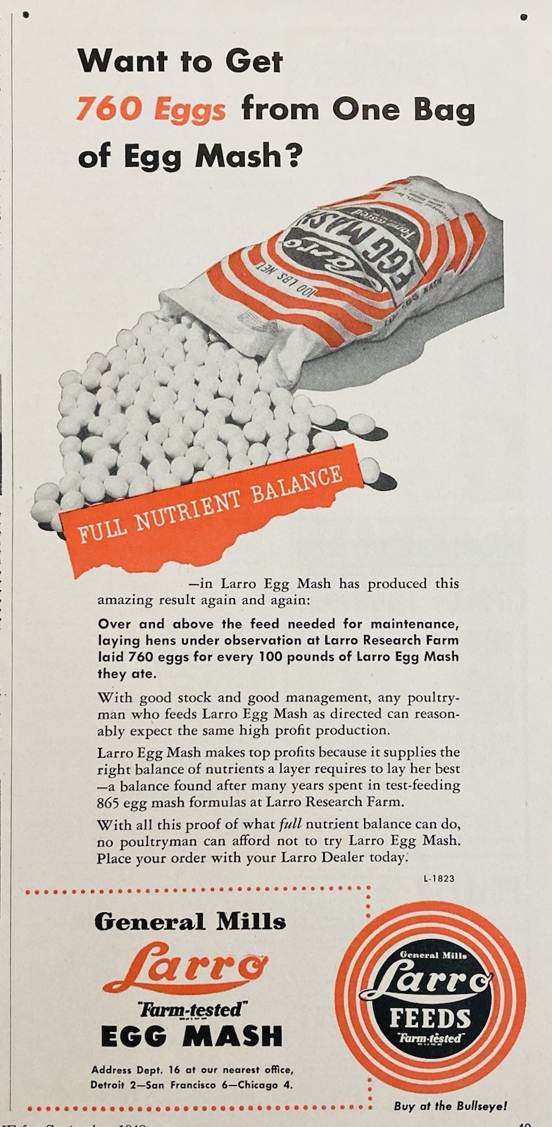 1948 AD.(XH86)~GENERAL MILLS LARRO “FARM-TESTED” EGG MASH
