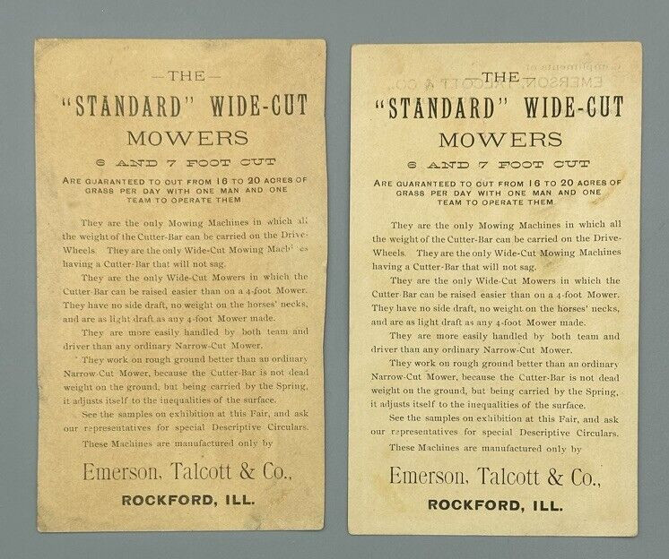 1880s FARM MACHINERY Emerson Talcott MOWER Advertising Trade Card ROCKFORD IL
