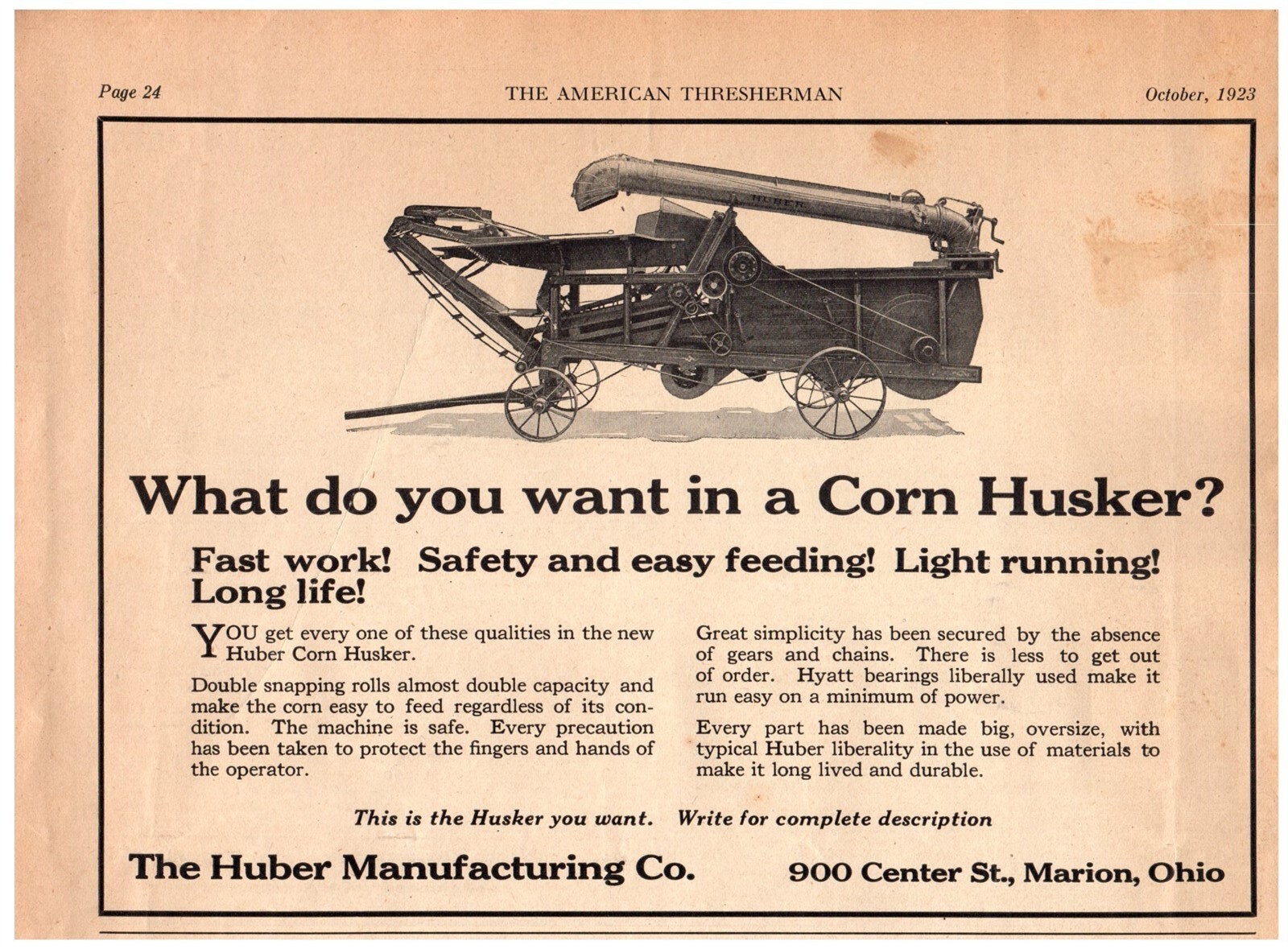 1923 Huber Corn Husker , Marion Ohio Print Ad – 8N