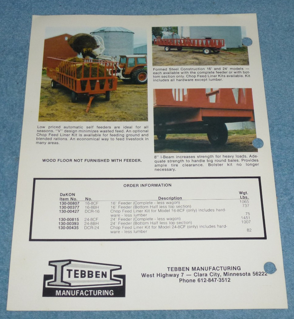 Vintage Tebben Feeders Farm Equipment Brochure Sheet