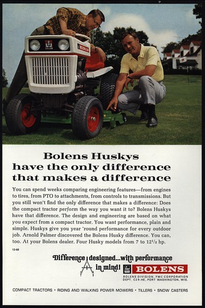 1968 ARNOLD PALMER Golf Pro – BOLENS Husky Riding Lawn Mower VINTAGE AD