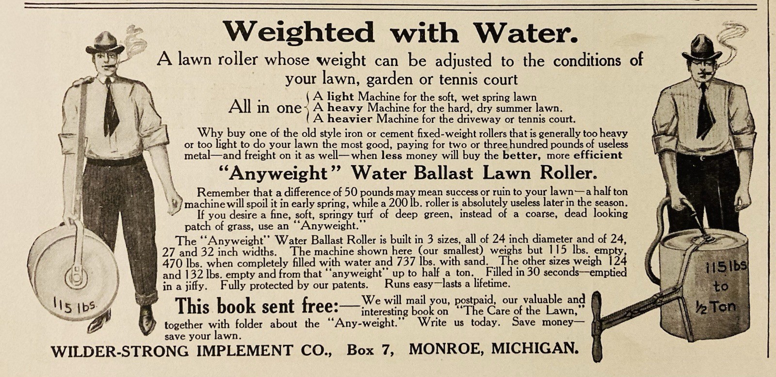 1911 AD.(PC9)~WILDER-STRONG IMPLEMENT CO. MONROE, MI. WATER BALLAST LAWN ROLLER