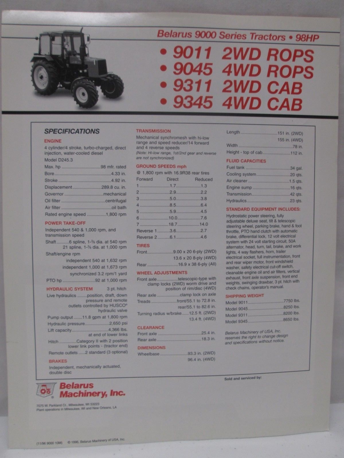 Belarus 9000 Series Tractors 9011 9045 9311 9345 Brochure Specifications 1996