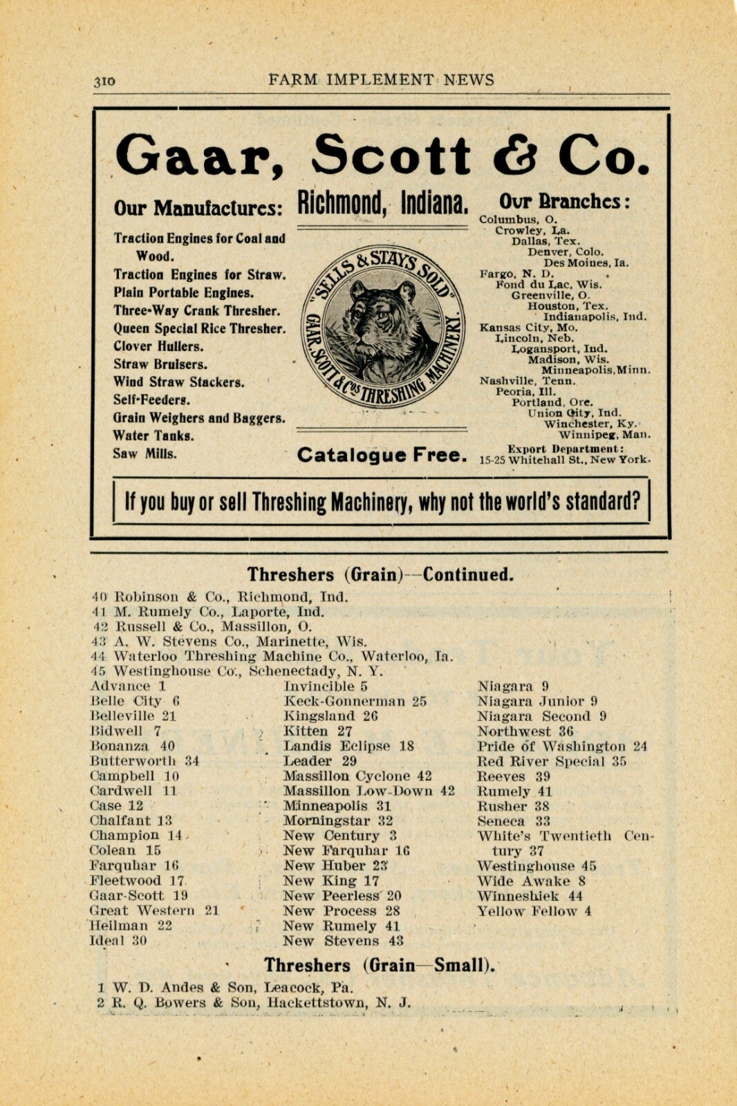 1905 Gaar, Scott & Co. Ad: « Sells & Stays Sold » – Richmond, Indiana