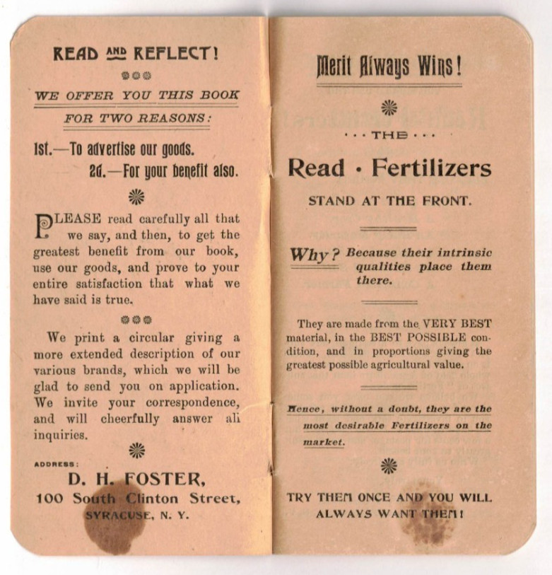 1896 Read Fertilizer Ad Notebook – Syracuse, NY – Writing Inside – 5.4” x 2.6”