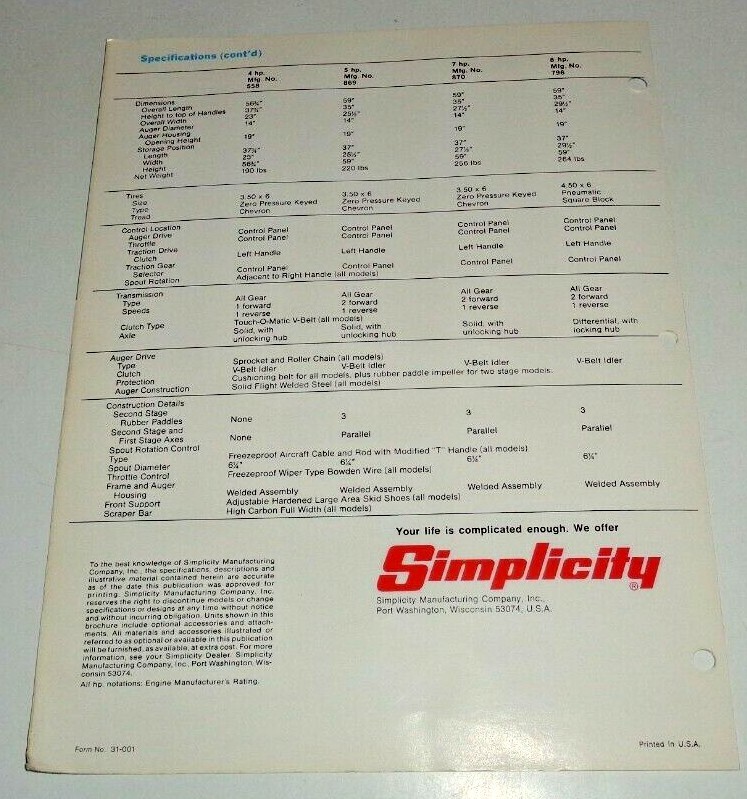 Simplicity 558 869 870 796 Snow Thrower Blower Sales Brochure Literature 1974