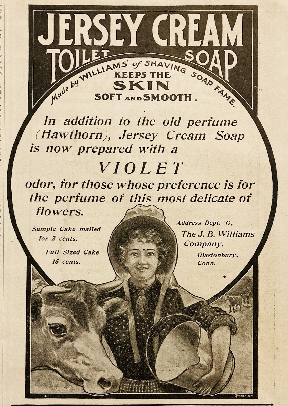 1900 AD.(PC5)~J.B. WILLIAMS CO. GLASTONBURY, CONN. JERSEY CREAM VIOLET SOAP