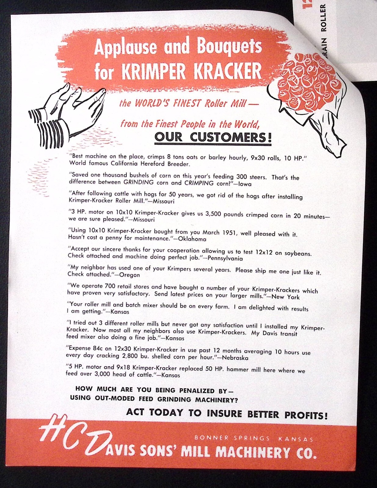 1954 Krimper Kracker Roller HC Davis Sons Mill Machinery Co Brochure