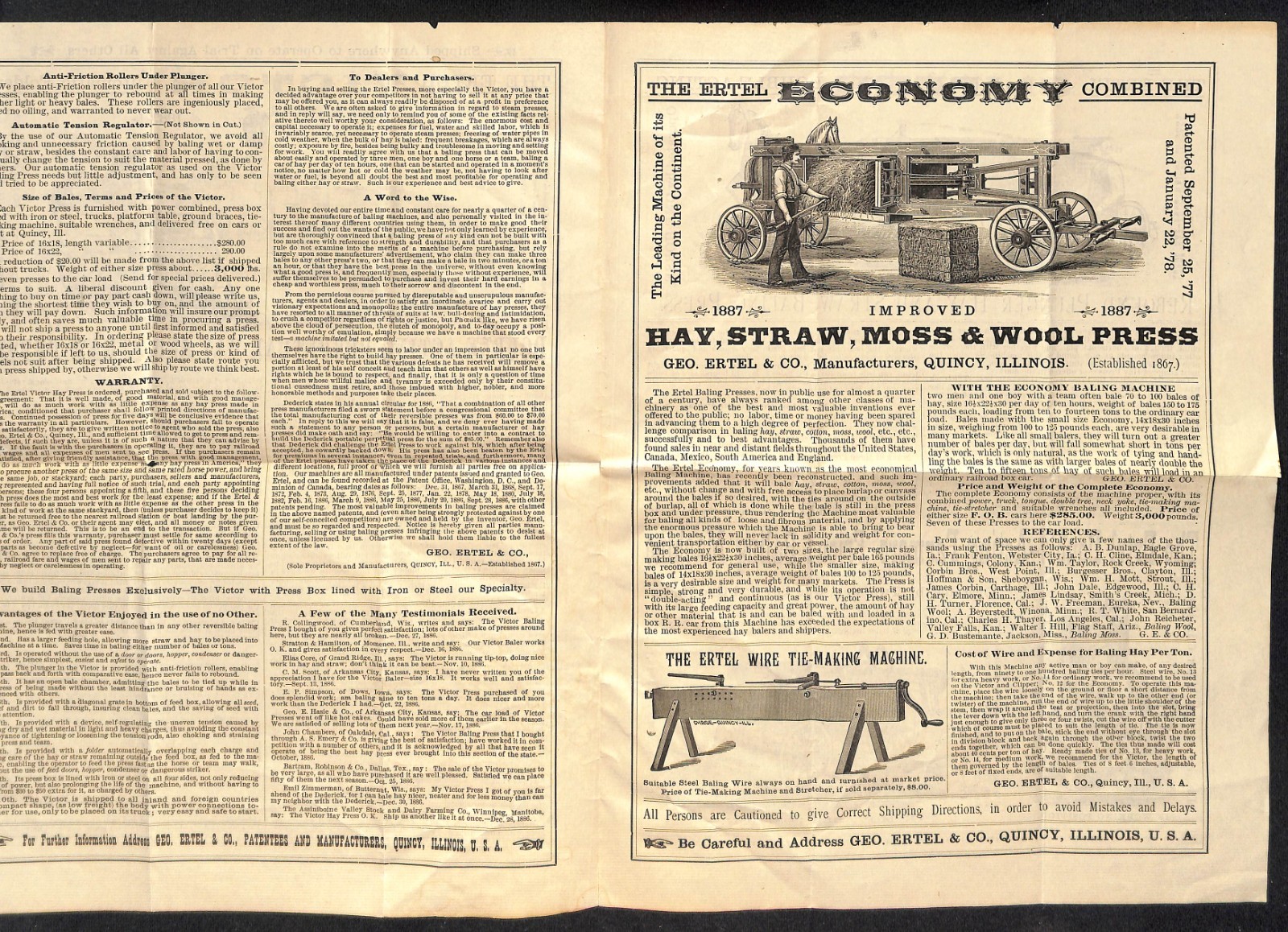 1887 Ertel « Victor » Perpetual Hay and Straw Press Single Sheet Brochure – Scarce