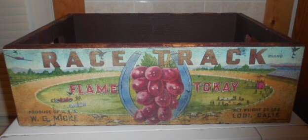 RARE! Vint. Wd. Fruit Crate 2-SIDE PAPER LABELS »RACE TRACK FLAME TOKAY,Lodi,CA. »