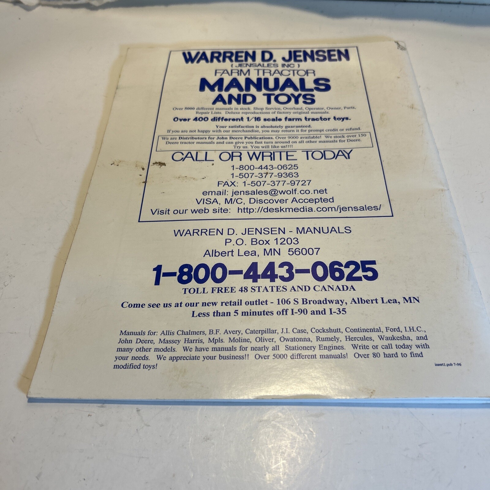 1900-1975 JENSALES INC. TRACTOR SERIAL NUMBER REFERENCE MANUAL COVERS 22 BRANDS
