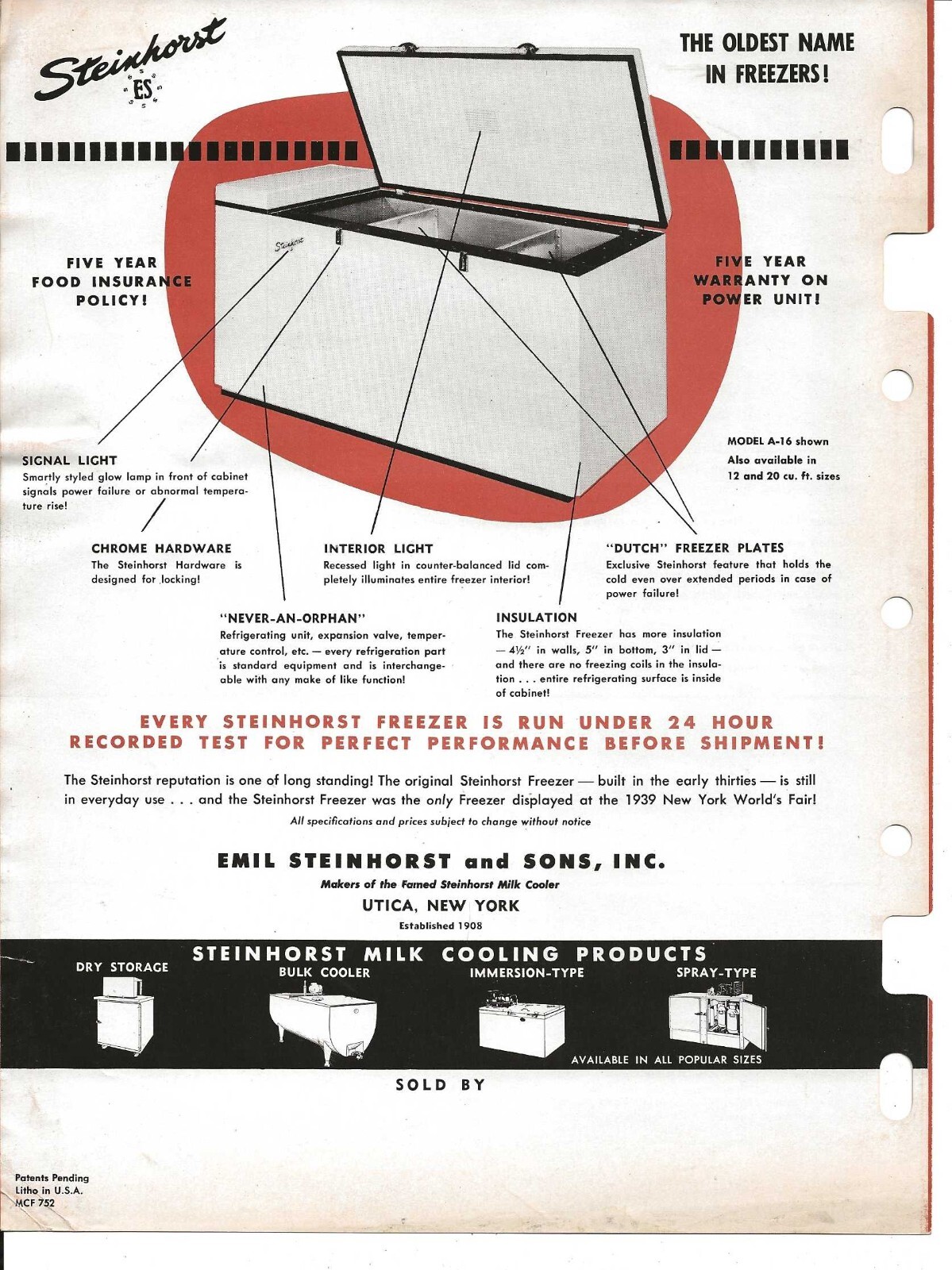 Steinhorst Milk Cooler Freezer Adv Folder~Utica NY circa 1950&rsquo;s VG