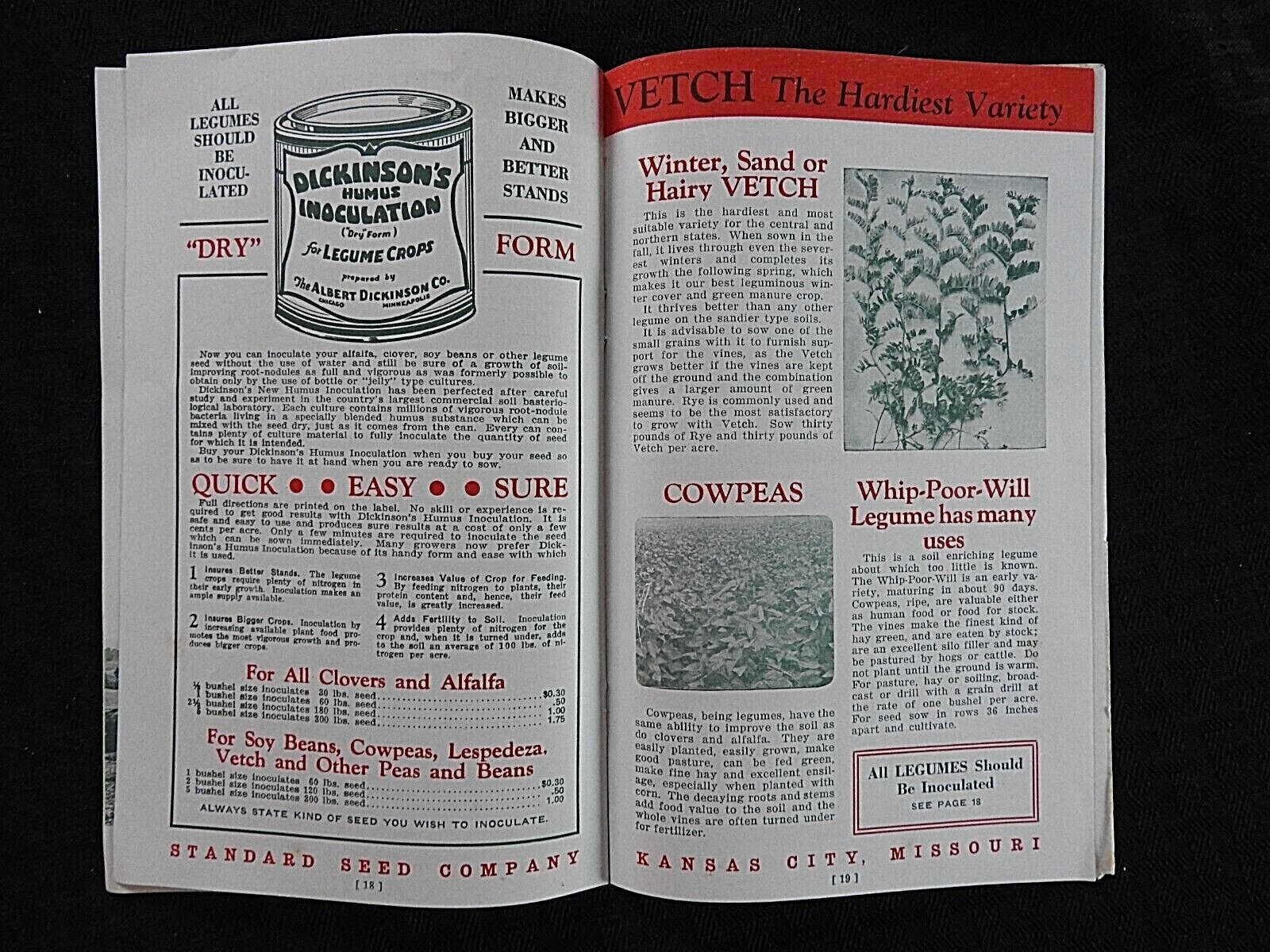 c.1920 « Standard Farm Seeds » Kansas City MO Soy Beans Field Corn Alfalfa Catalog