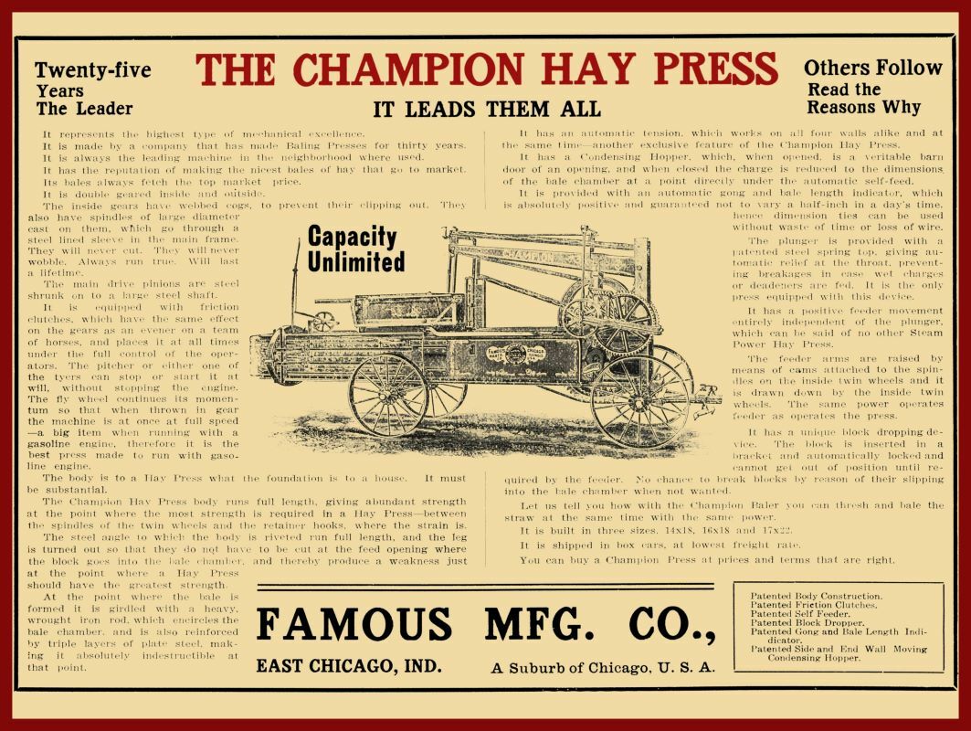 1905 Famous Manufacturing Co NEW Metal Sign: The Champion Hay Press – E. Chicago