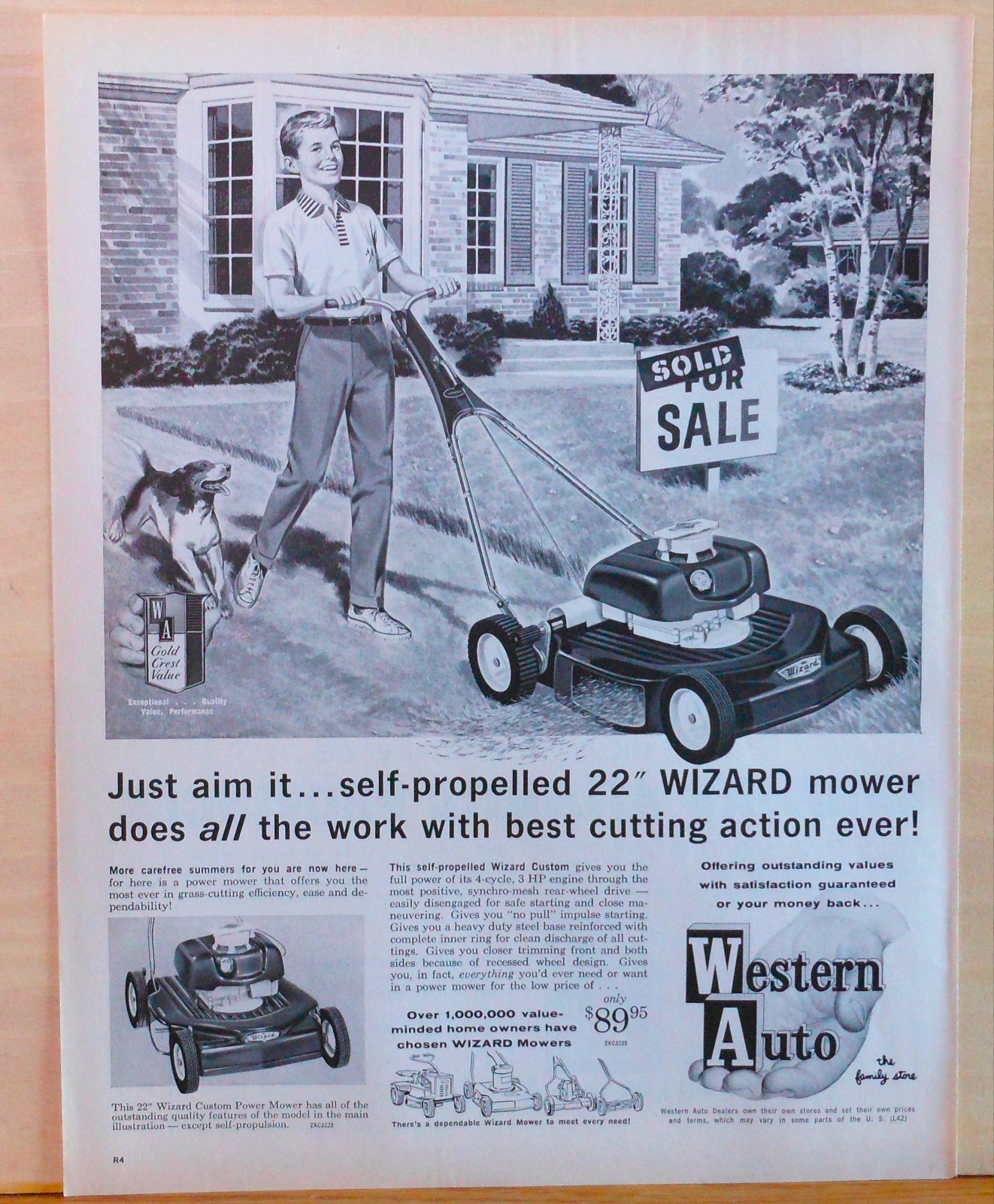 1962 magazine ad for Wizard power mower, Self propelled 22&Prime; Wizard, Western Auto