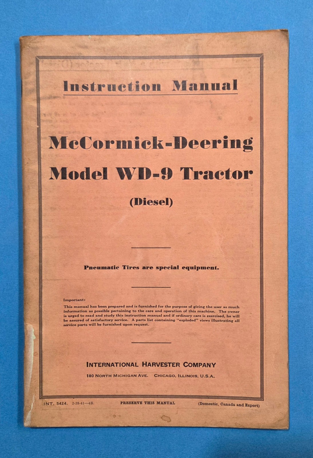 Vintage McCormick Deering WD 9 Tractor Manual 1941 WWII Tires