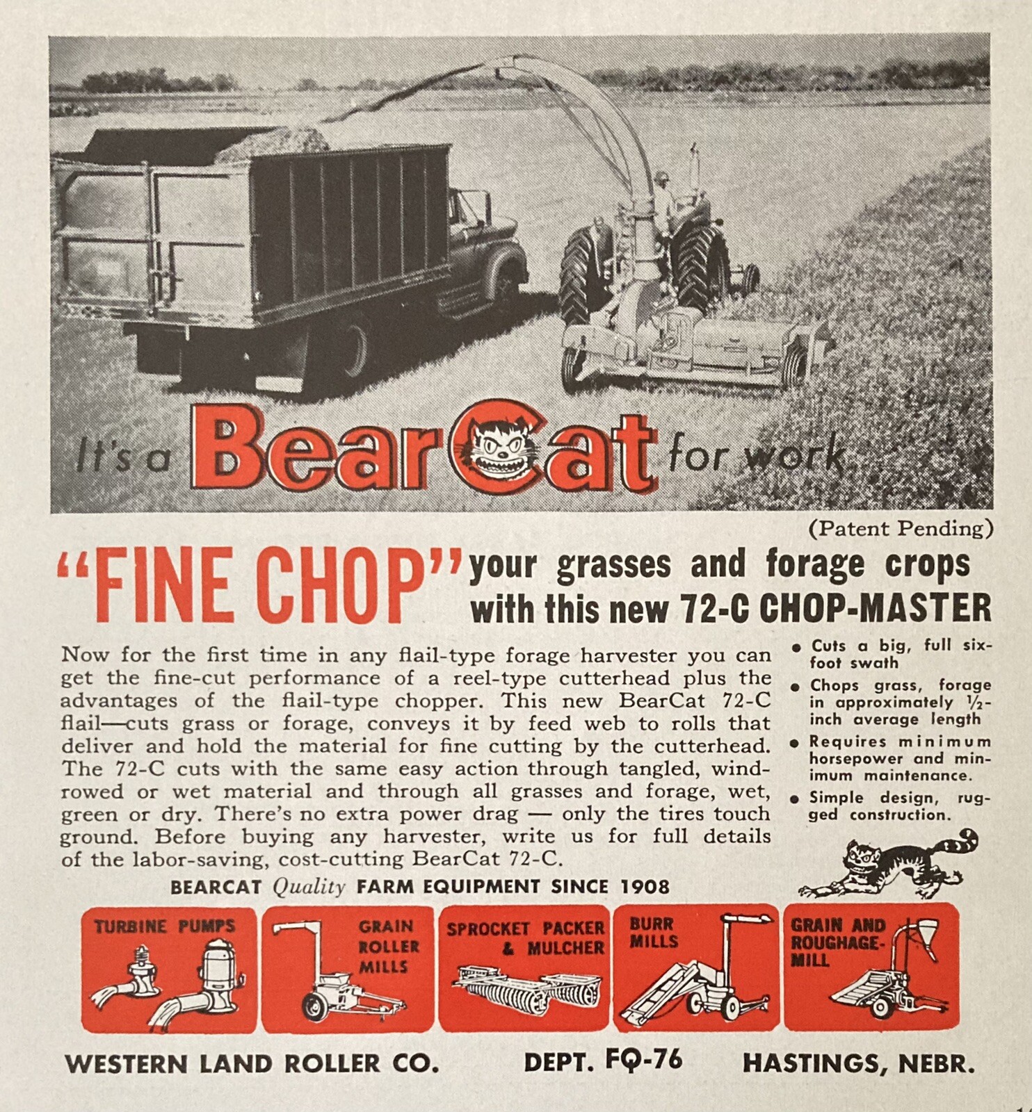1962 AD.(XH20)~WESTERN LAND ROLLER CO. HASTINGS, NE. BEAR CAT FORAGE HARVESTER