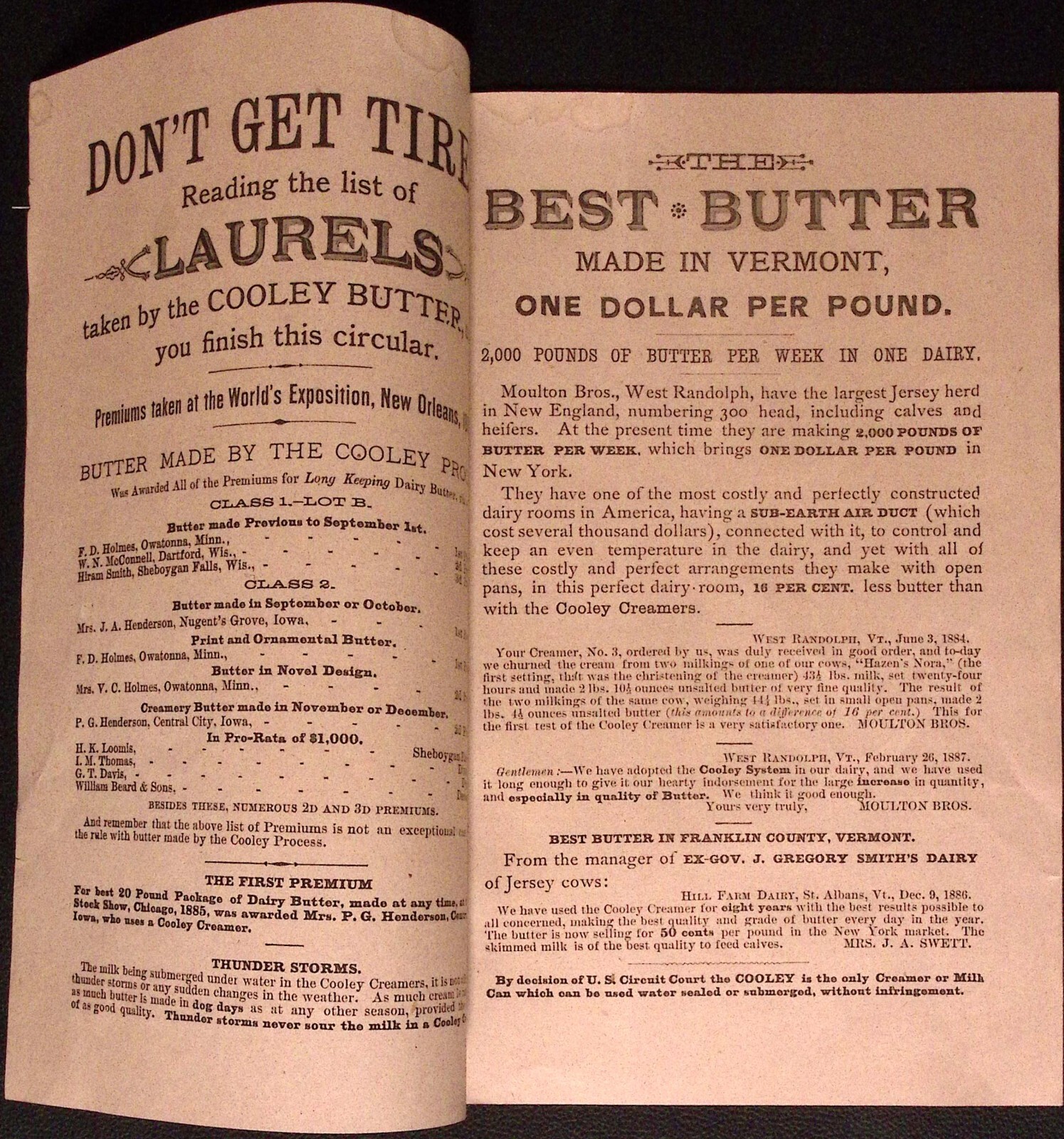 1887 The Cooley Creamer Vermont Farm Machine Co Bellows Falls VT Print Ad