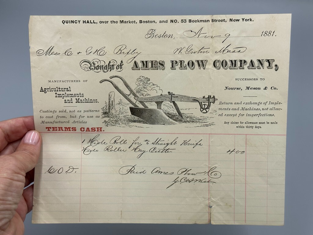 1881 AMES PLOW Company BOSTON Receipt Antique FARM Advertising