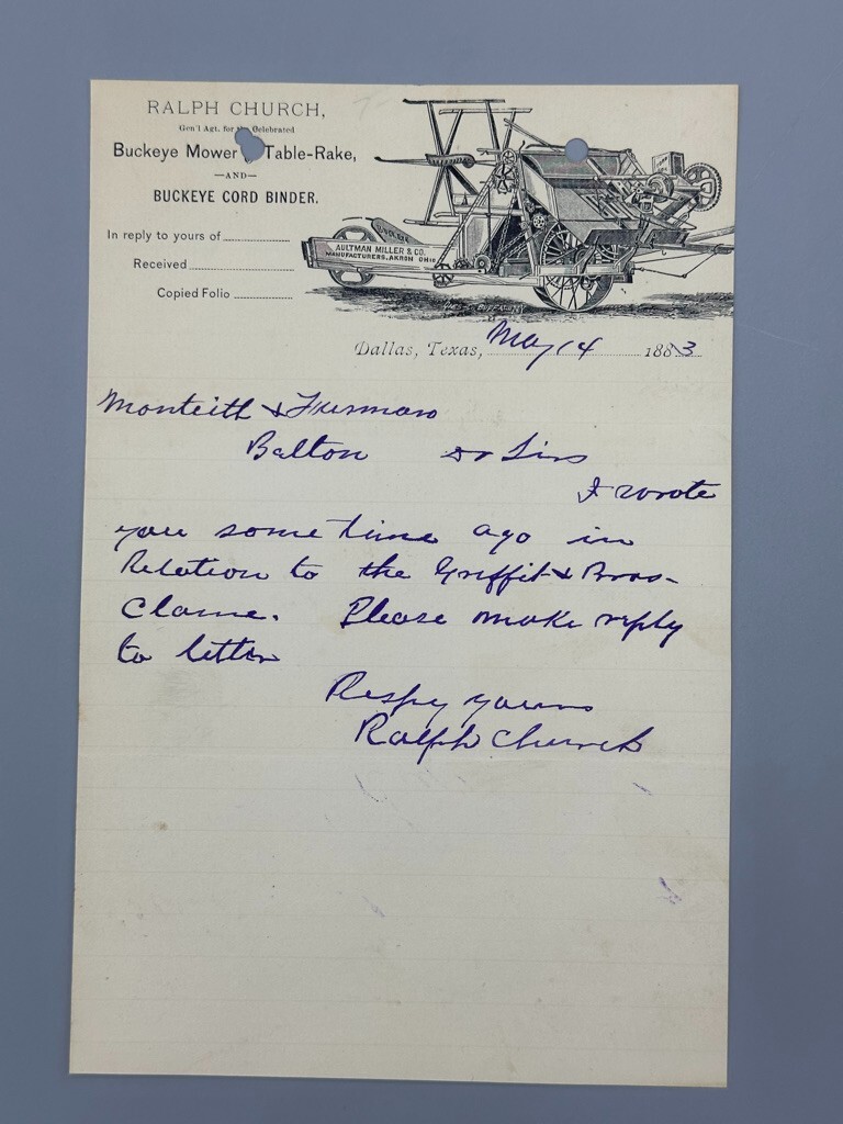 1883 AULTMAN MILLER Farm BUCKEYE Mower DALLAS TEXAS Antique Letter Advertising