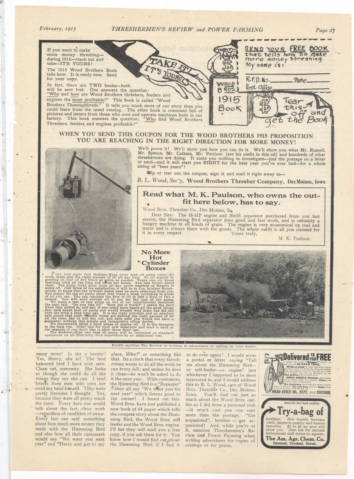1915 Wood Bros. Thresher Co. Ad: Letter & Outfit Pic, MK Paulson, Des Moines, IA