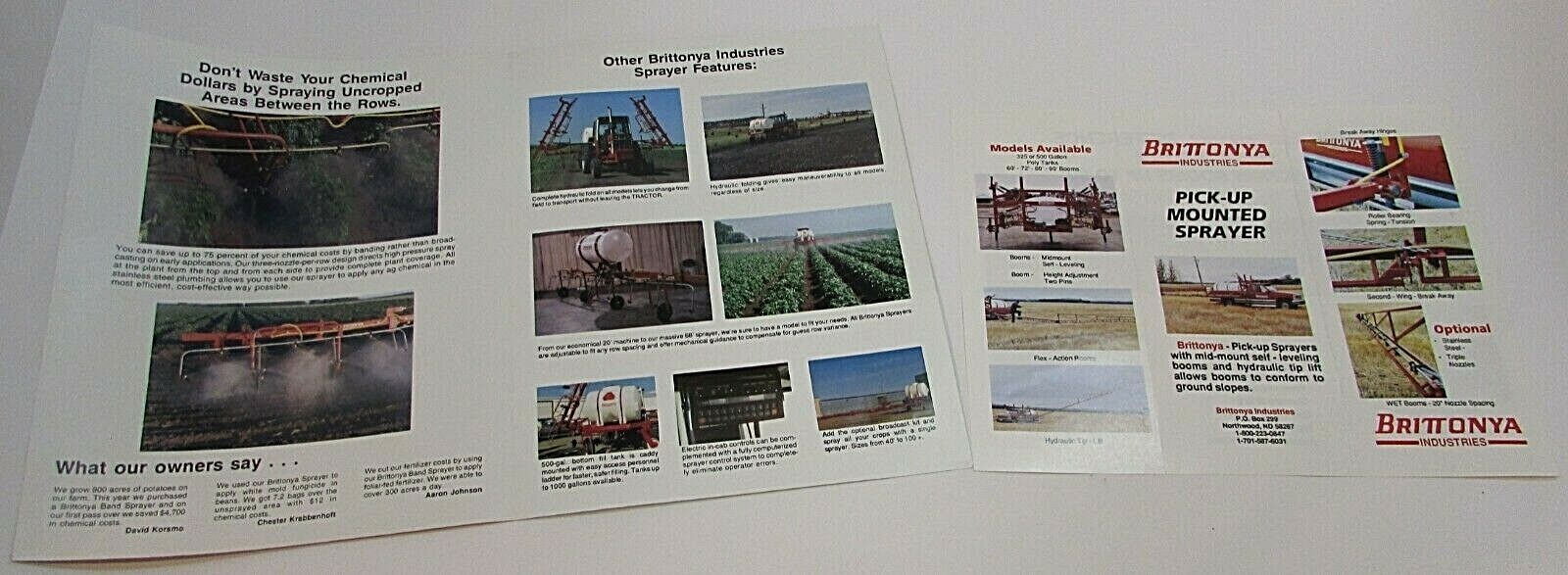 Two New Vintage 1990&rsquo;s Brittonya Northwood ND Farm Crop Sprayer Brochures