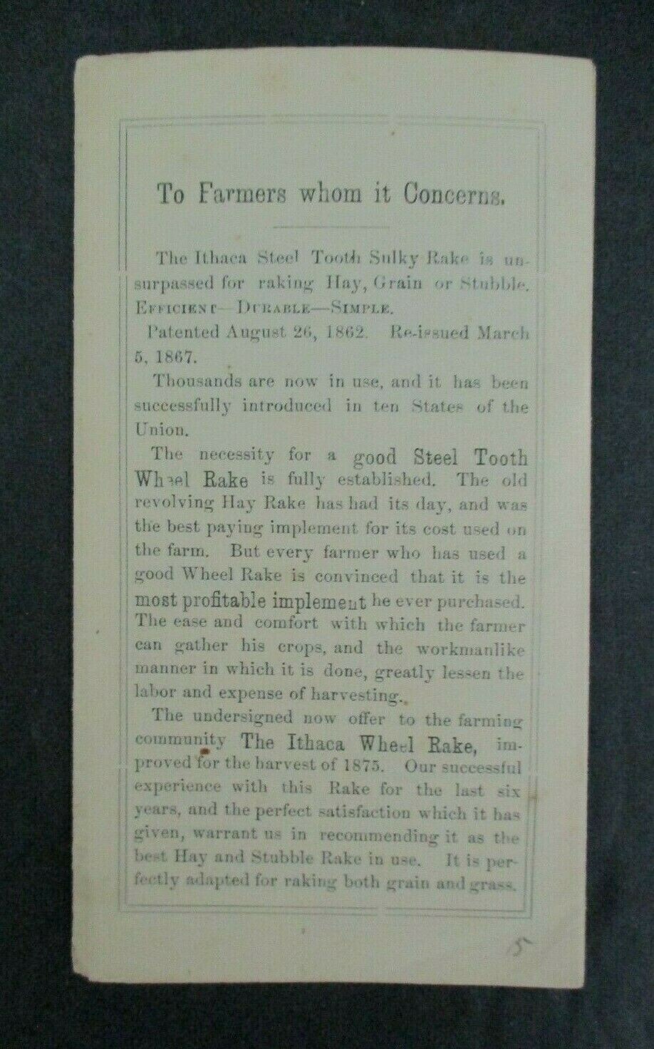 1875 ITHACA STEEL TOOTH HORSE RAKE Advertising, Wheeler & Melick Co. Albany, NY