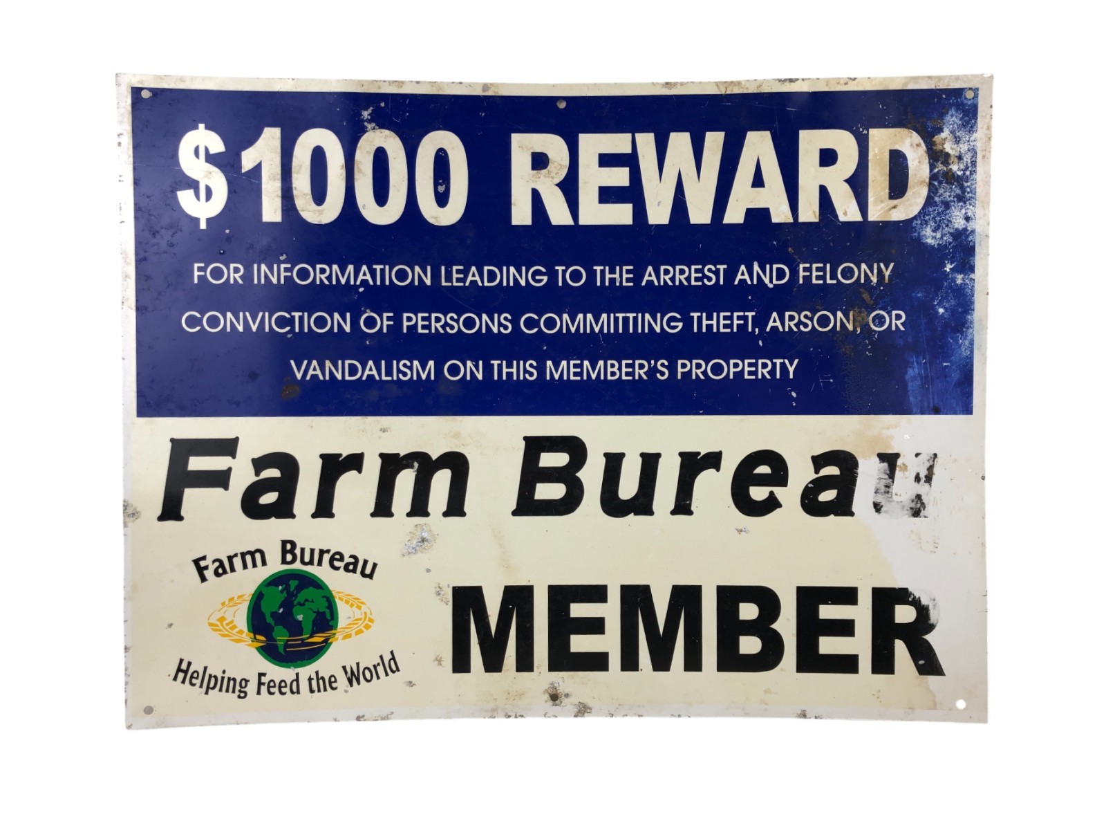 Vintage Farm Bureau $1000 Reward Sign Theft Arson Vandalism Blue White 12 x 16