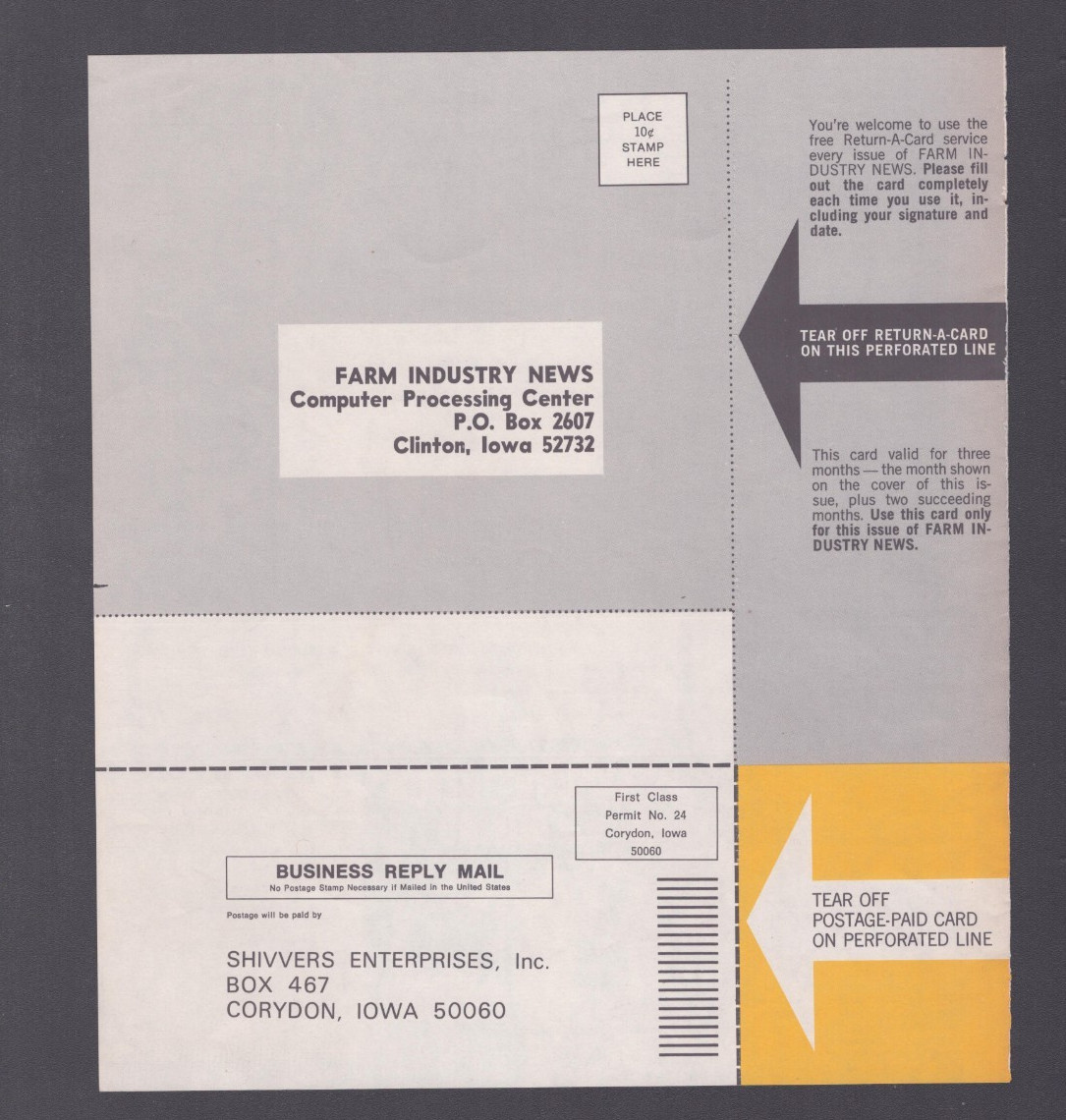 1974 Print Ad Farm Industry New Return A Card Shivvers Circu-lator
