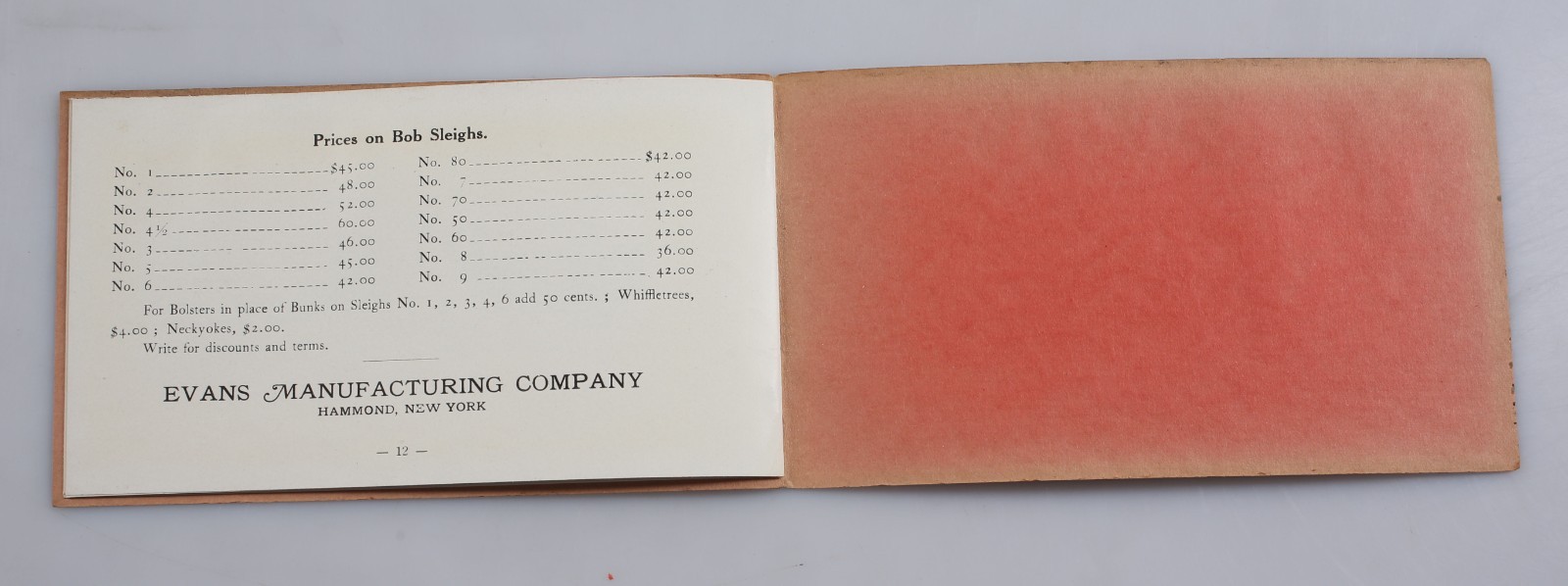 Vintage Bob Sleighs Catalog Evans Manufacturing Co. Hammond New York 1890s