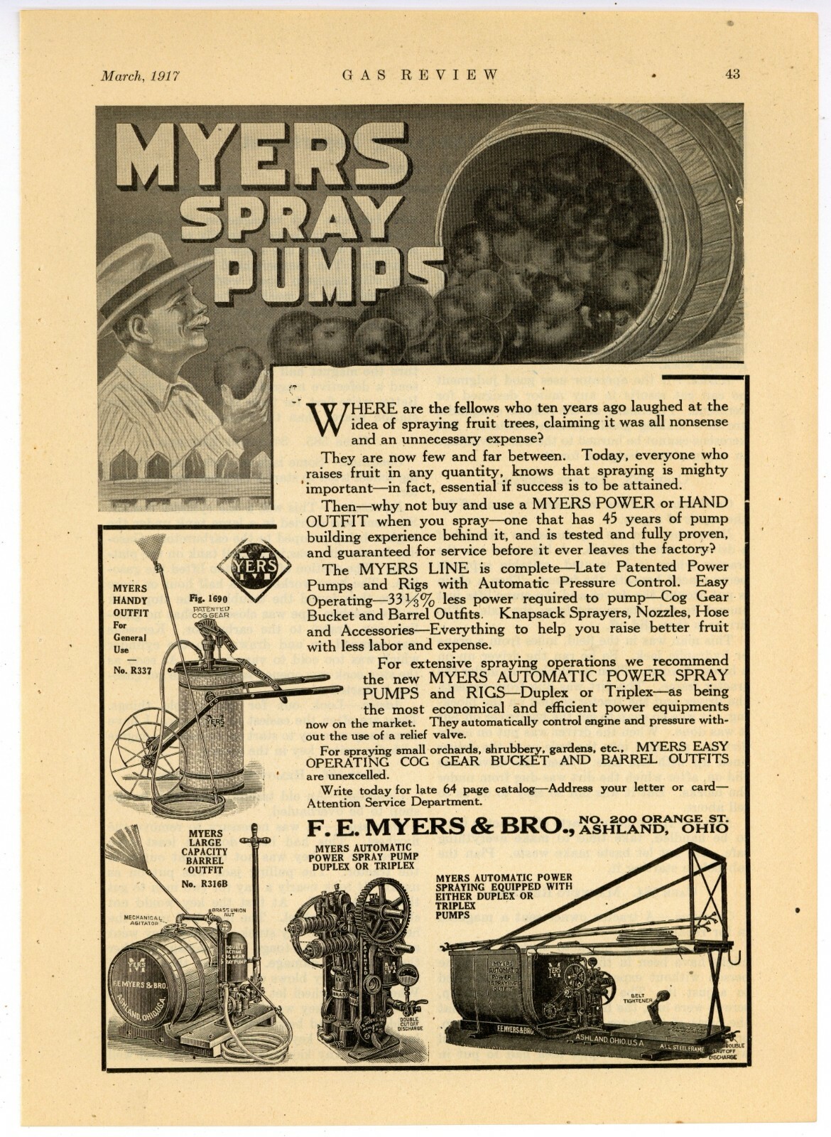 1917 F.E. Myers & Bro. Ad: Myers Spray Pumps – Models Pictured – Ashland, OhiO