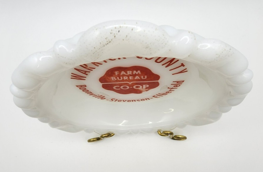 Vintage Anchor Hocking Milk Glass Ashtray Warrick County Farm Bureau Co-Op