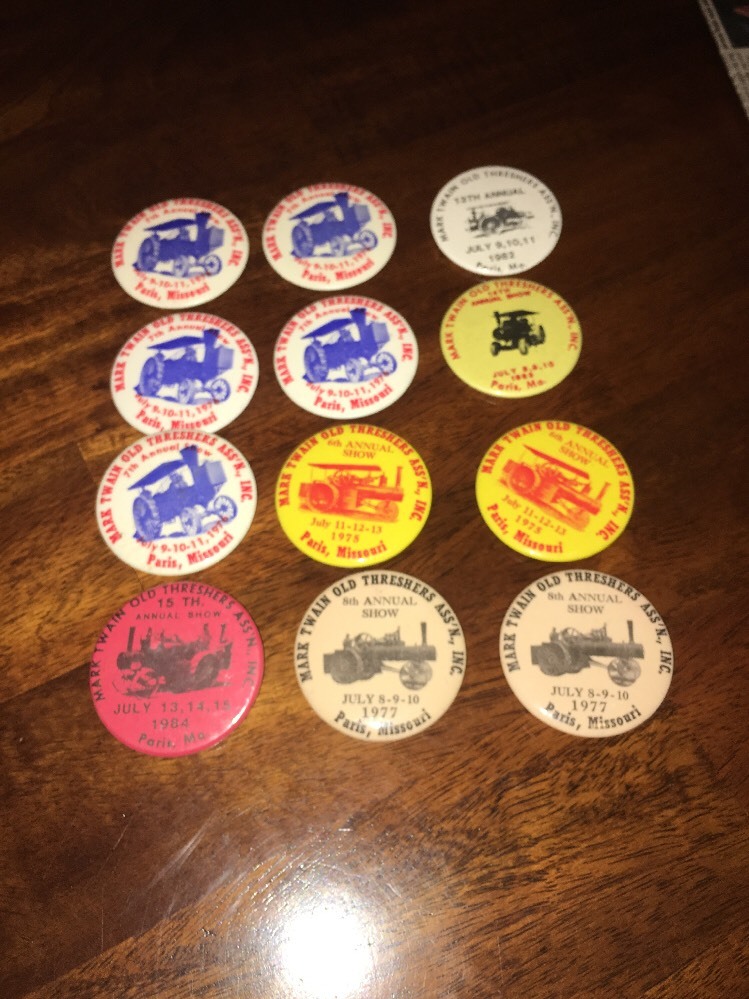 Lot 12 70s-80s Paris MO Mark Twain Old Threshers Assn Festival Souvenir Pinbacks