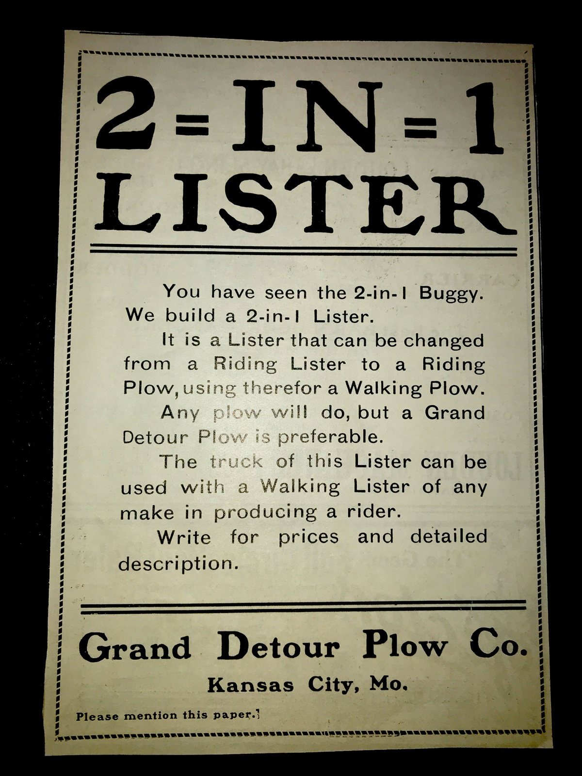 1903 Grand Detour Plow Co. Farm Advertising – Kansas City – Missouri