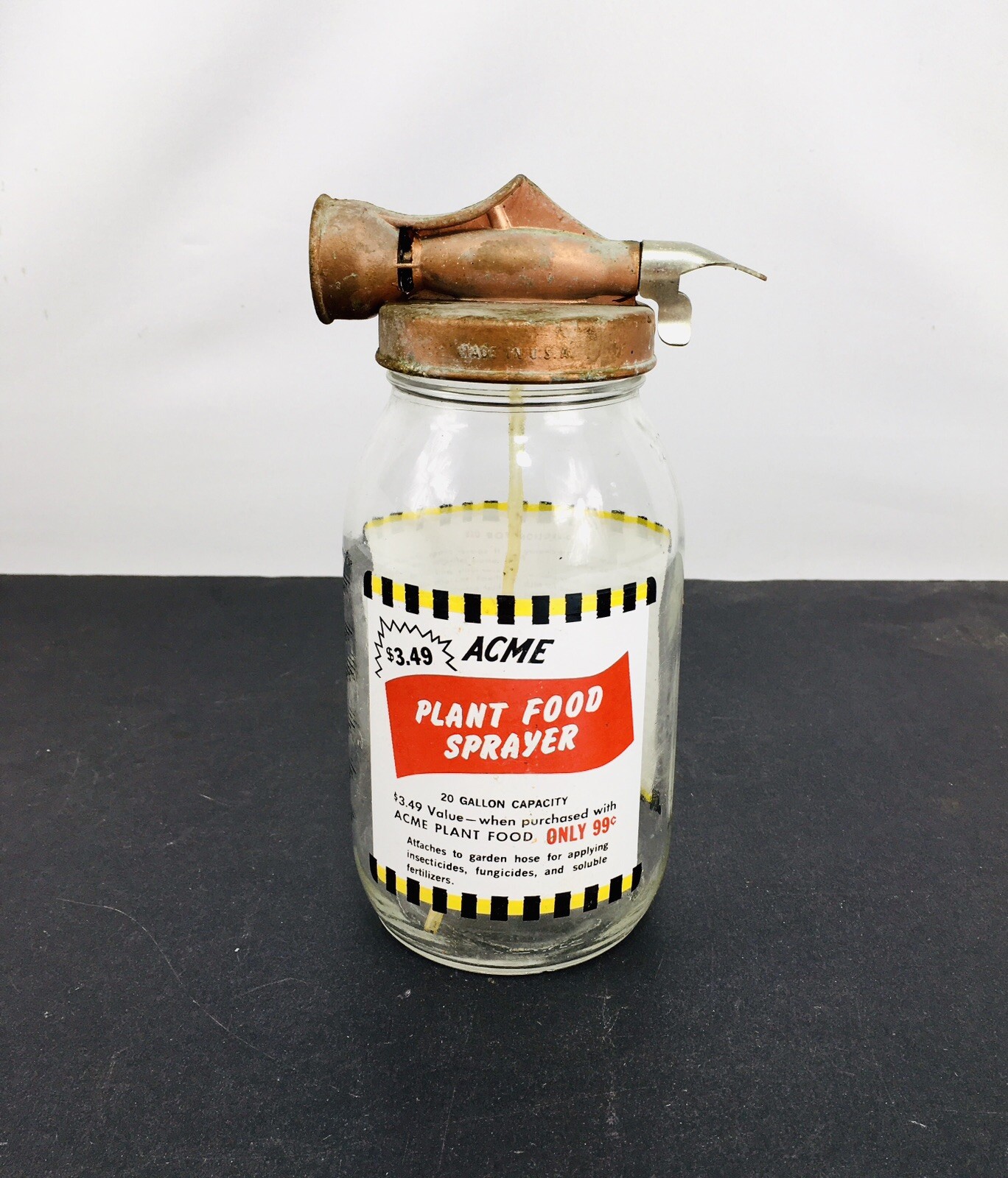 Acme Vintage Advertising Even Flow Plant Food Lawn Sprayer Glass Jar Hose