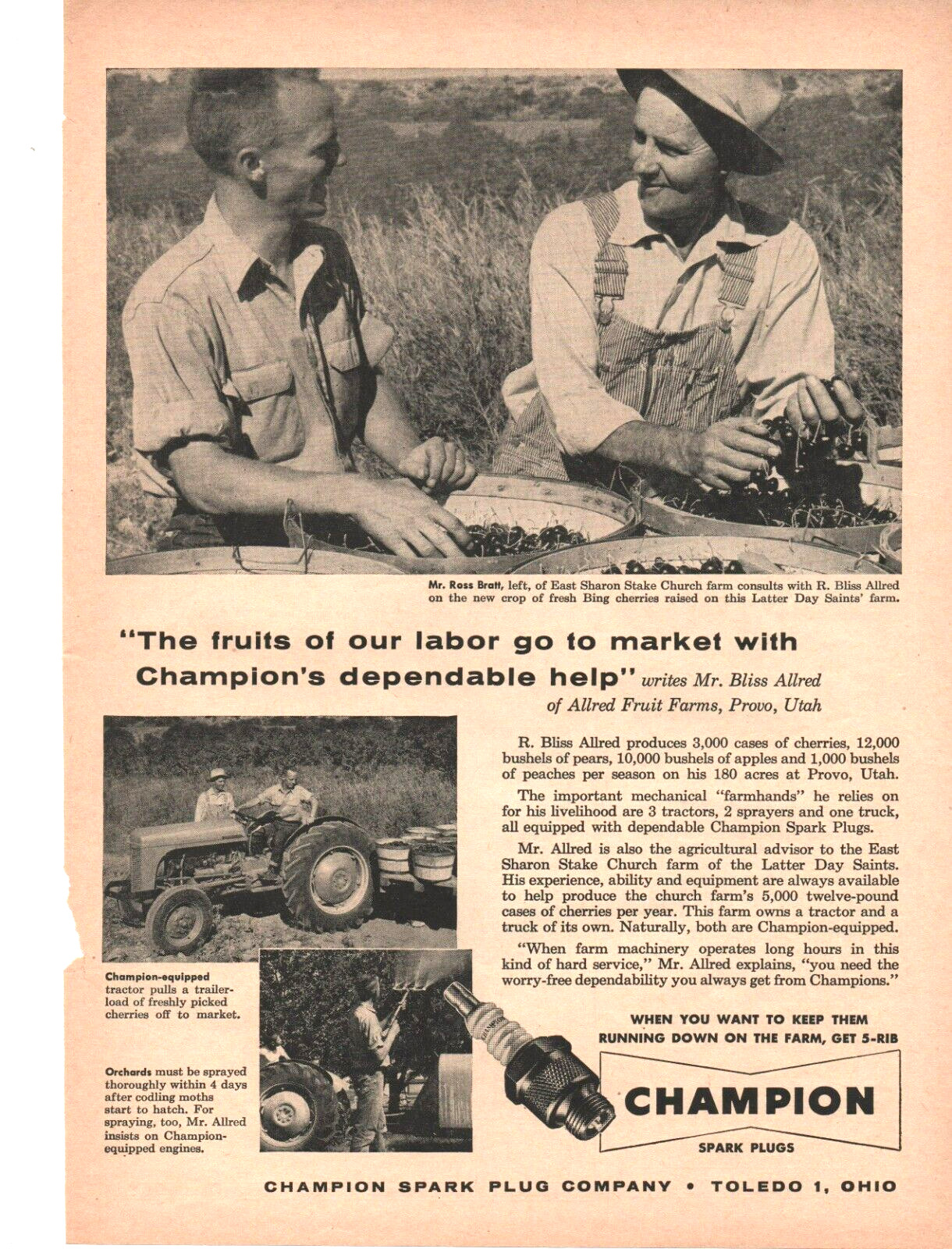 Champion Spark Plugs 1956 Print Ad 8inx11in Ross Bratt R Bliss Allred LDS Farm