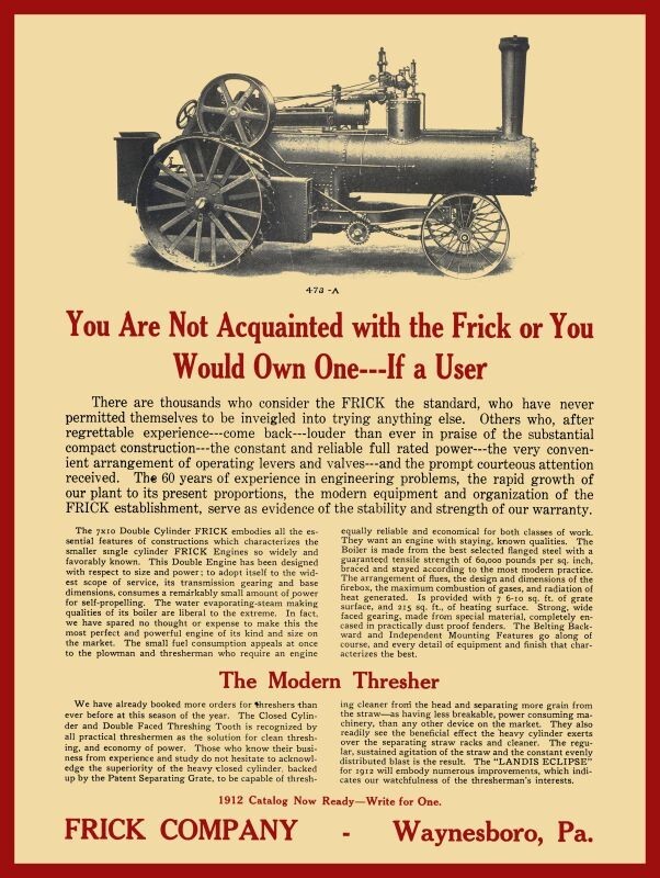 1912 Frick Steam Traction Engine, Waynesboro NEW Sign: 24×30&Prime; USA STEEL XL Size